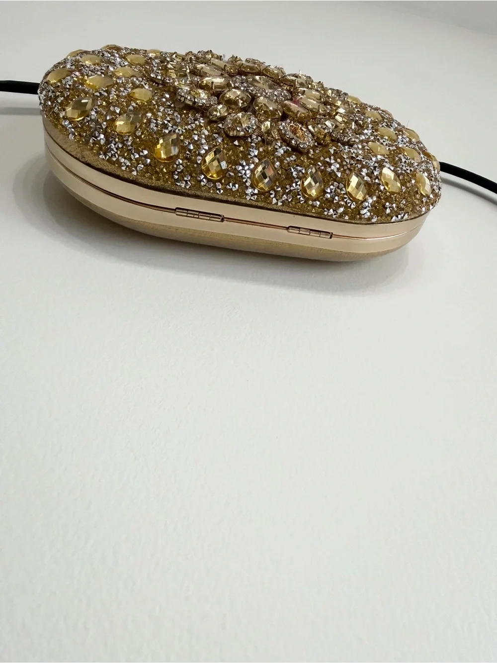 Gold Jeweled Oval Evening Clutch with Top Handle